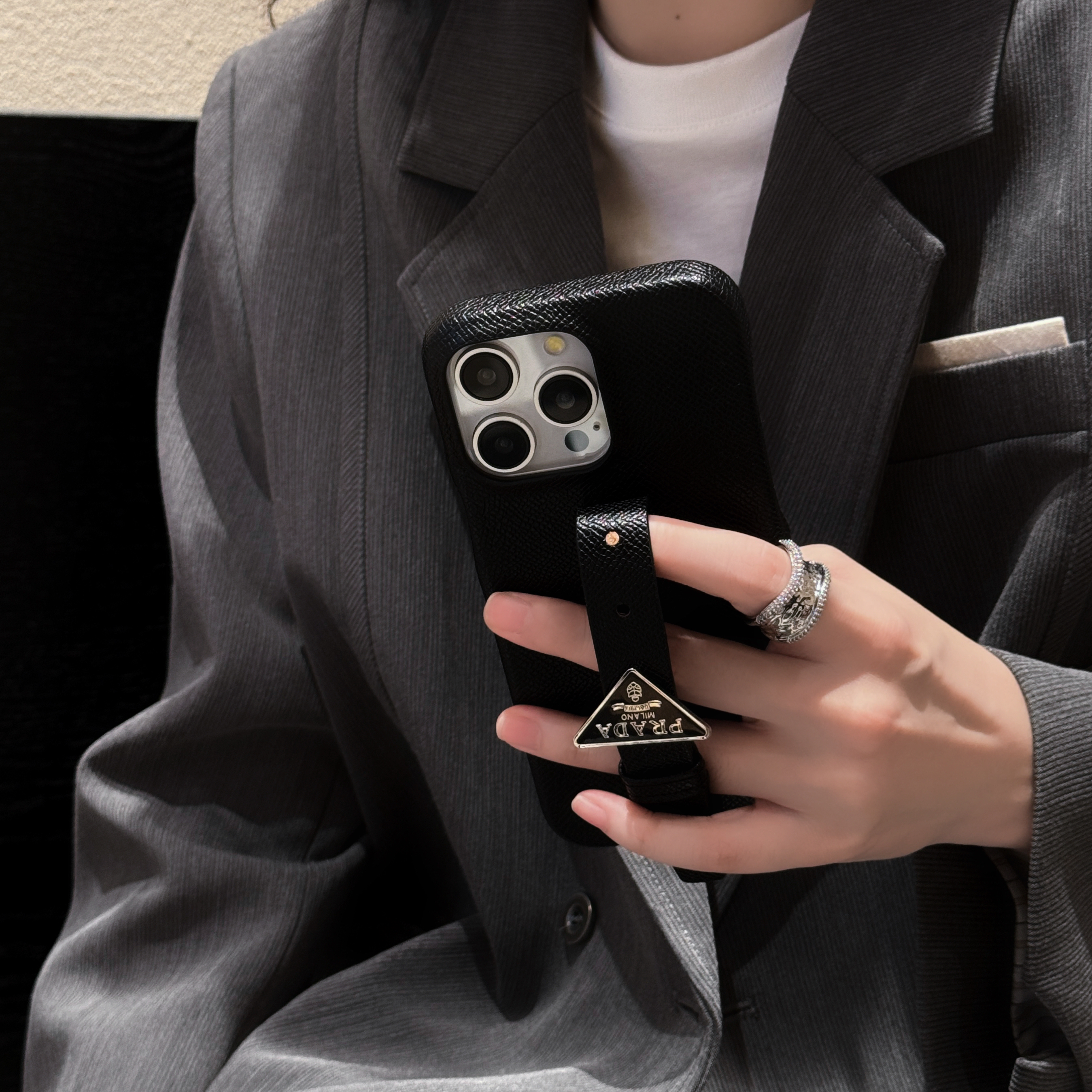 Prada Wristband Genuine Leather Monogram Triangle Logo iPhone Case