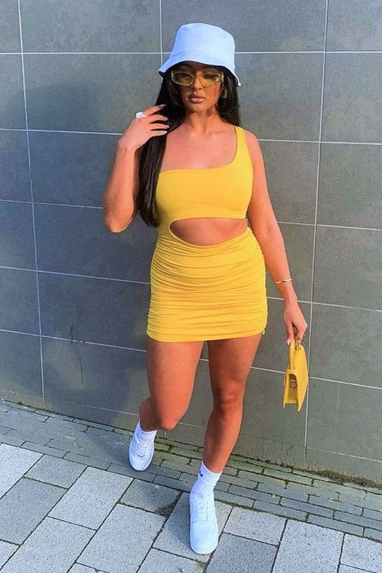 Yellow One Shoulder Cut Out Mini Dress 