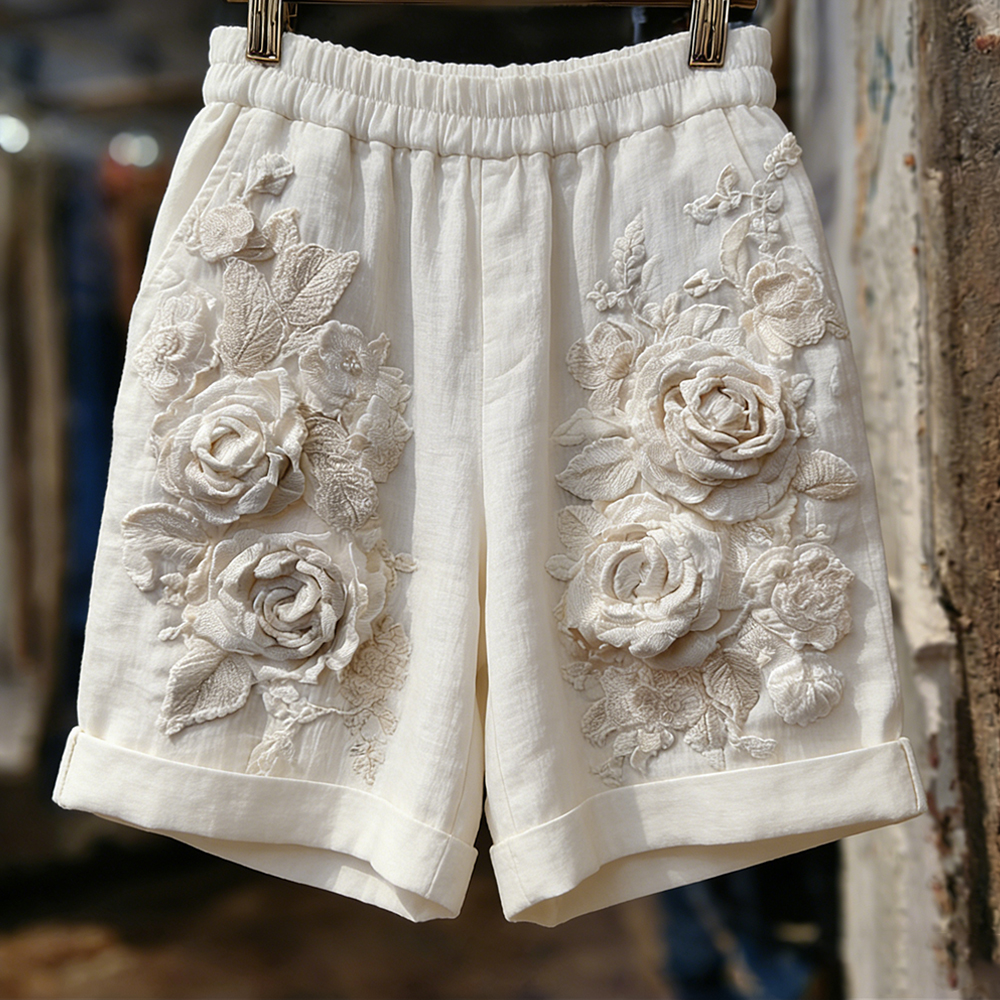 Vintage Rose Embroidery Art Blend Washed Cotton Linen Shorts elevenforest