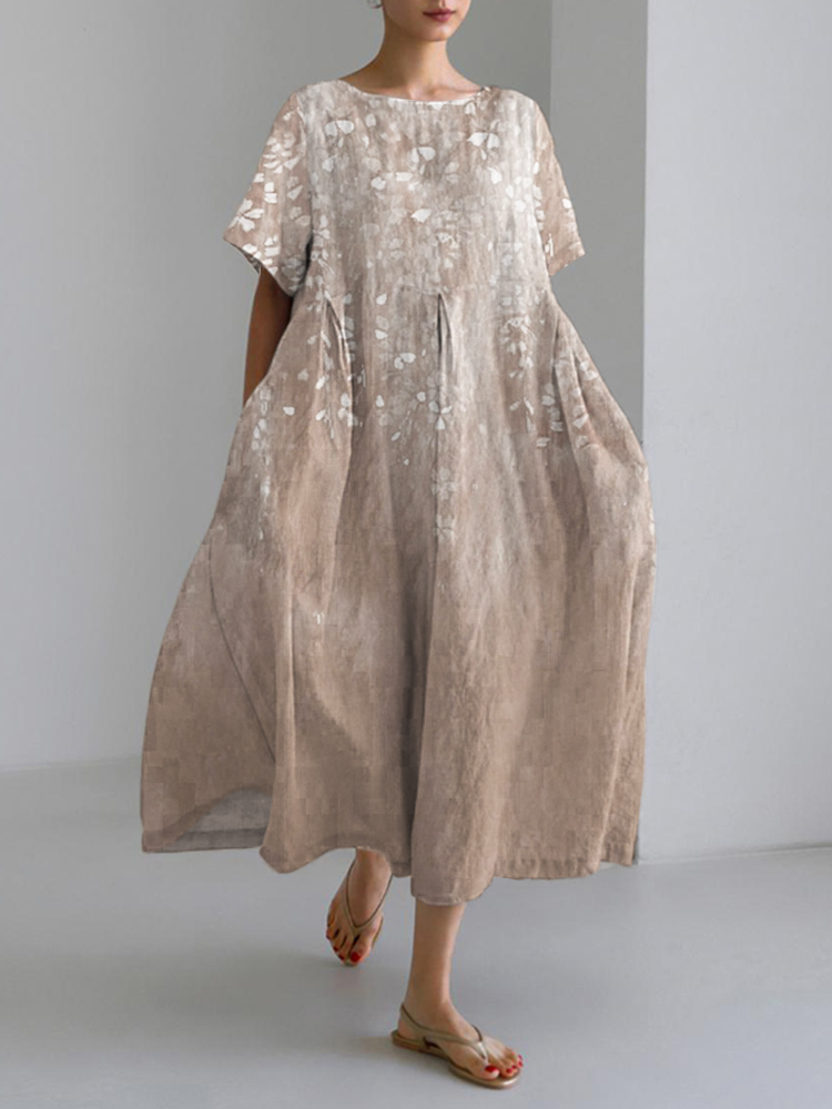 Vintage Floral Print Women's Casual Linen Blend Long Dress artswardrobe