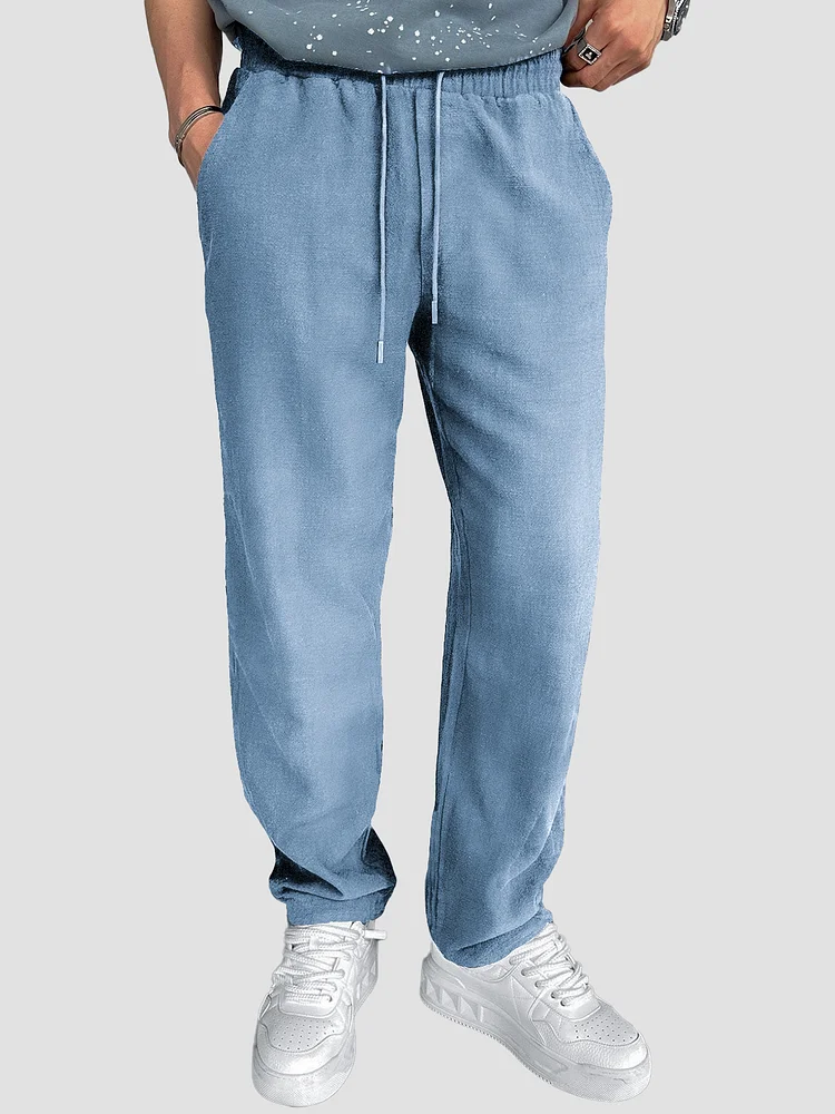 Men's Vintage Cotton and Linen Distressed Drawstring Trousers with Side Pockets