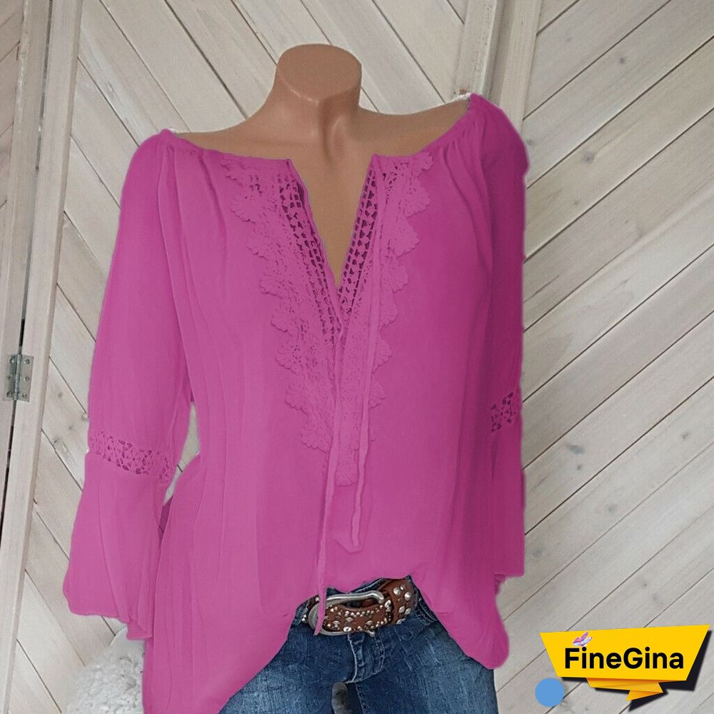 5XL Plus Size Women Casual Blouse Tops V Neck 3/4 Sleeve Loose Lace Blouse