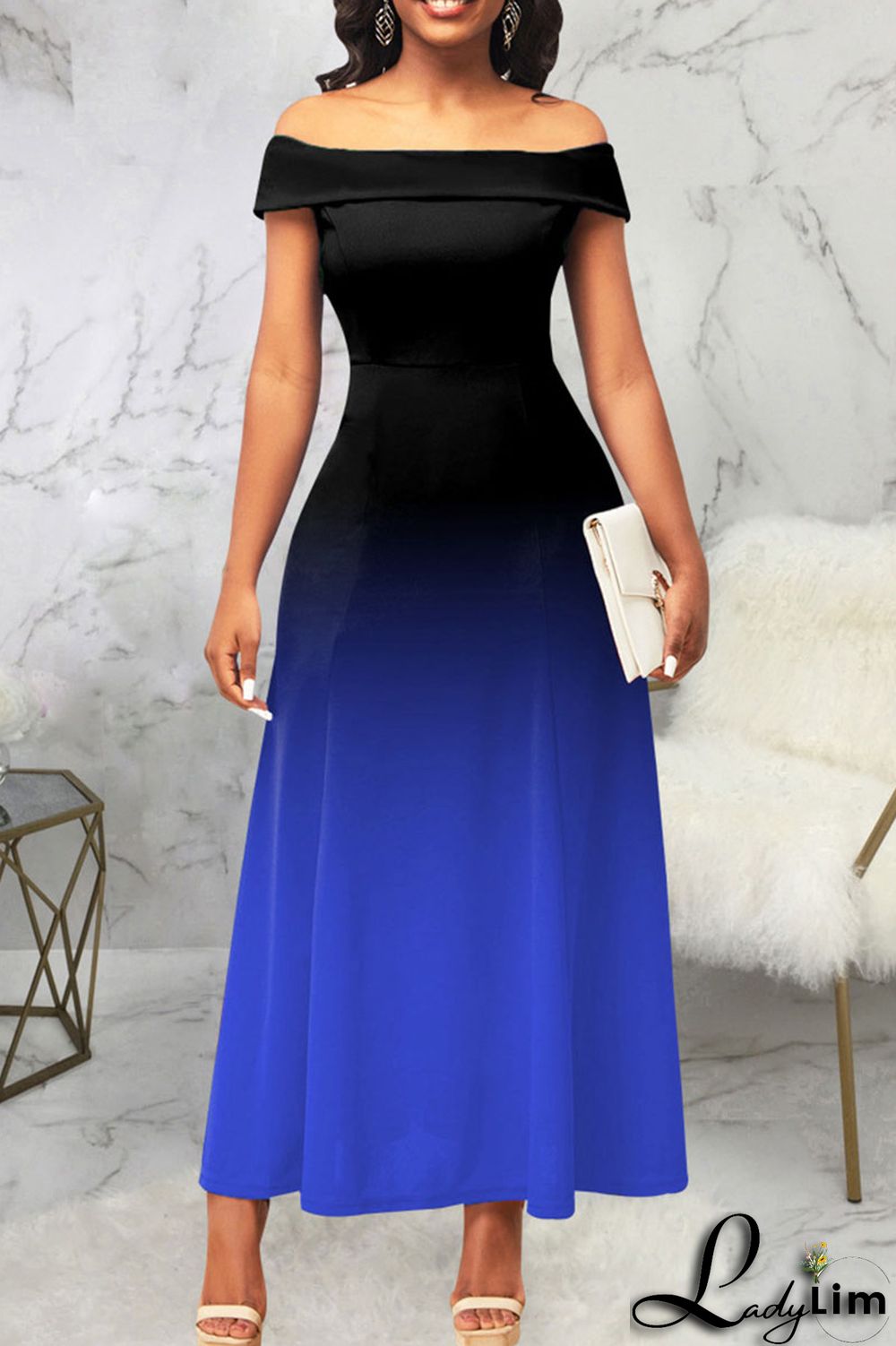 Purple Casual Gradual Change Print Patchwork Off the Shoulder A Line Dresses