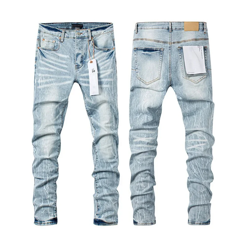 Topographys 25SS New Purples jeans Men high street Retro wash Light blue hole patch trend Stylish low raise Elastic Skinny jeans brand pants