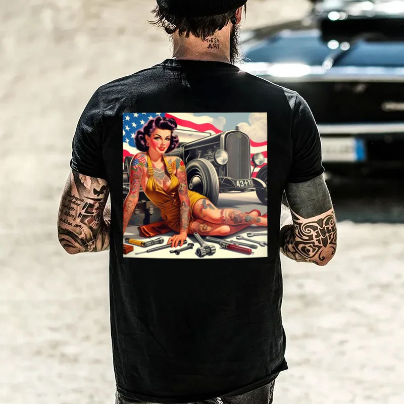 Sexy Tattooed Lady Classic Car Print Men's T-shirt