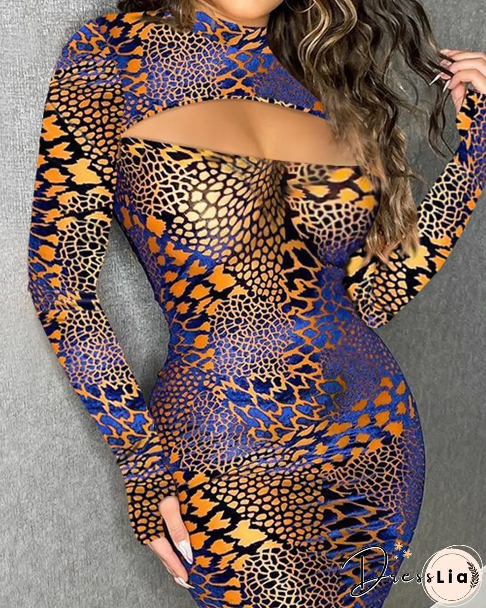 Snakeskin Print Mock Neck Cutout Bodycon Dress