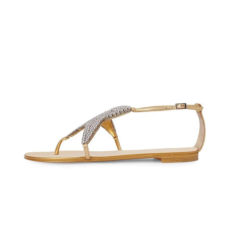 FSJ Metallic Gold Thong Sandals Crystal Star Ankle Strap Flats |FSJ Shoes