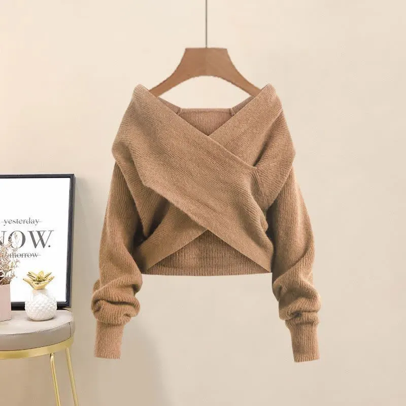 Pure Color Cross Knit Sweater Dress Two Pieces Set