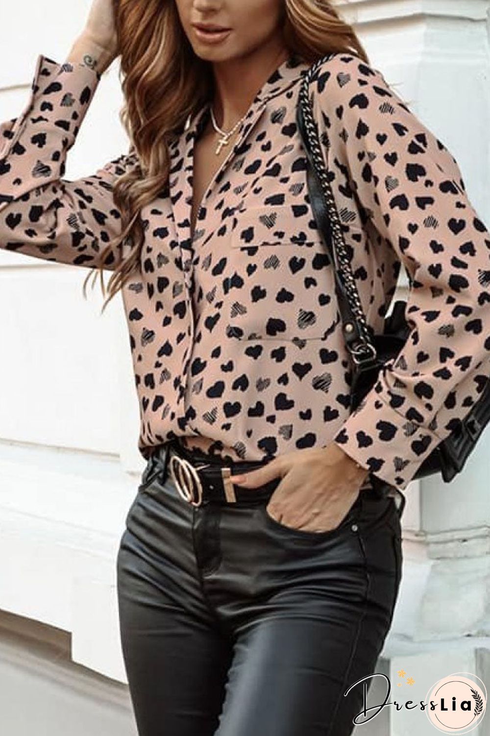 Fashion Casual Print Patchwork Turn-Back Collar Tops