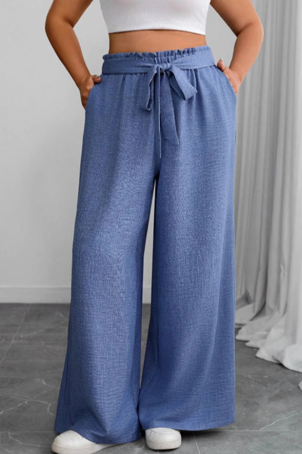 Plus Size Everyday Blue Elastic Waist Lace Up Pocket Wide Leg Pants 2024 - Flycurvy 