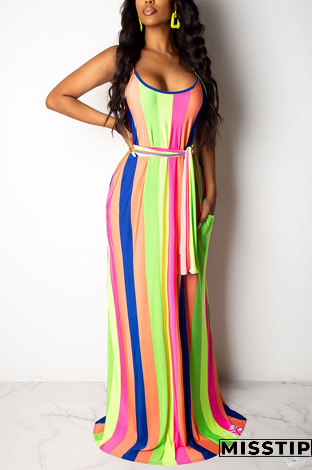 Multicolor Fashion Sexy Striped Printing Loose Dress