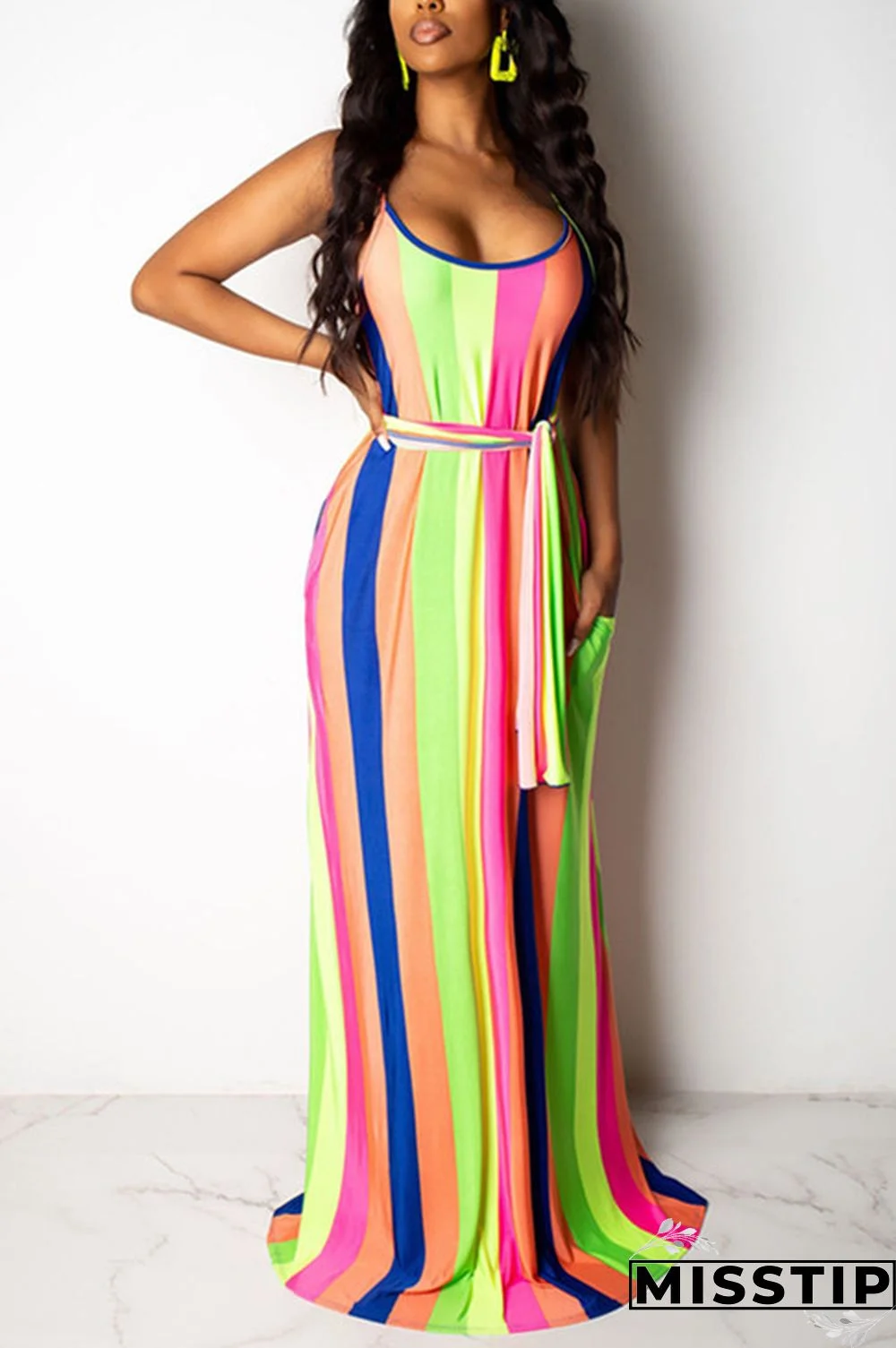 Multicolor Fashion Sexy Striped Printing Loose Dress