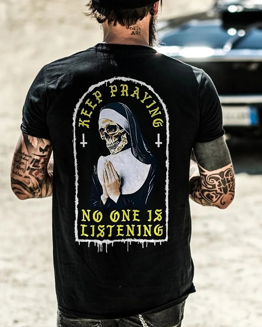 Keep Praying No One Is Listening Skull Graphic Black Print T Shirt