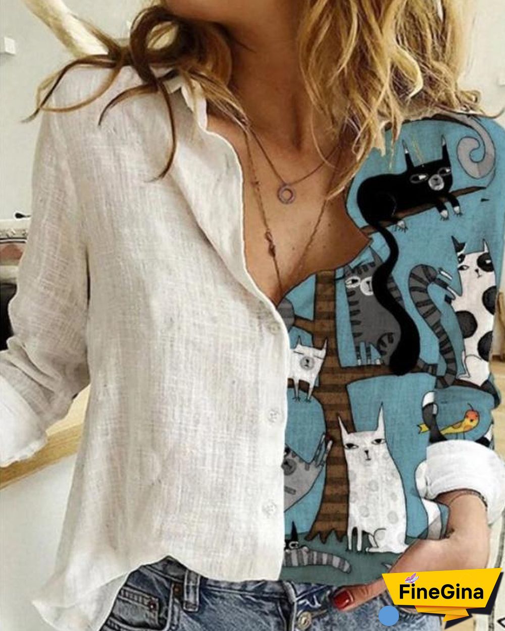 Cartoon Printed Patchwork Lapel Collar Button Long Sleeve Blouse