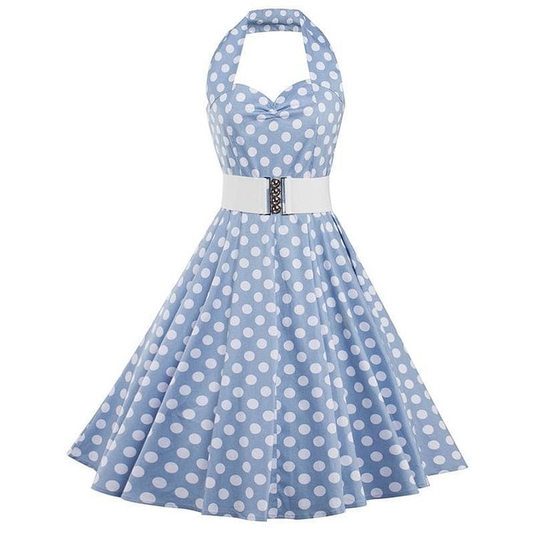 Blue Polka Dot Halter Belted Dress SP13924