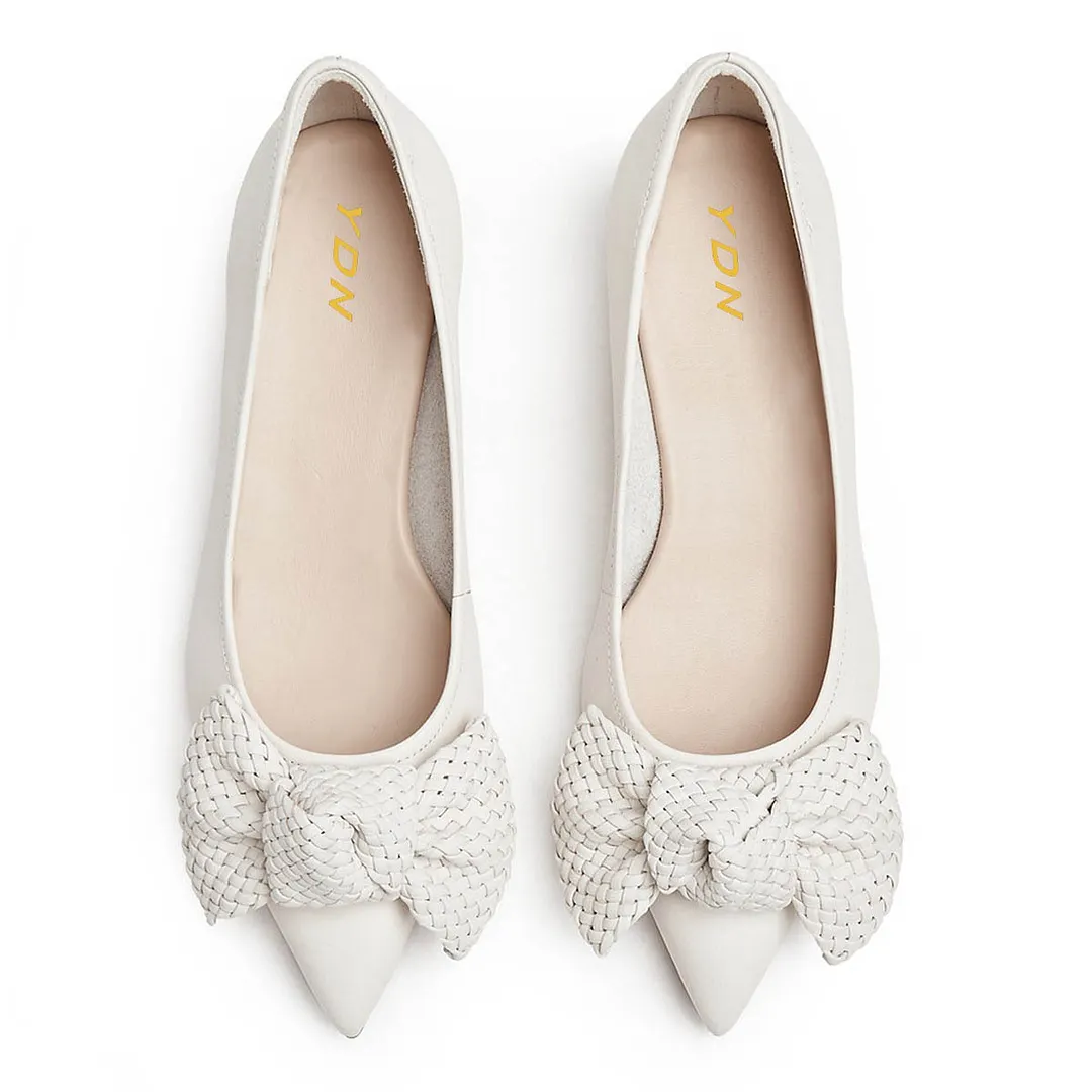 YDN White Pointed Toe Kitten Heel Pumps Shoes with Woven Bow
