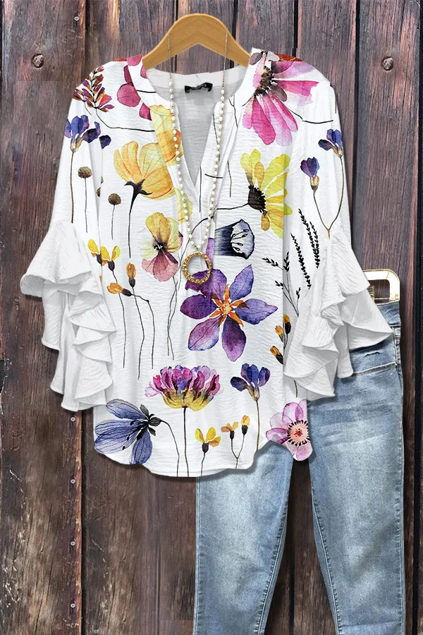 Wildflower Print V-Neck Ruffle Sleeve Top