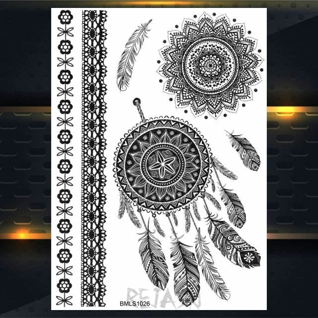 REJASKI Black Henna Lace Temporary Tattoos Sticker For WOmen Butterfly Moth Mehndi Flower Fake Tatoo Sticker Feather Flora Tatoo