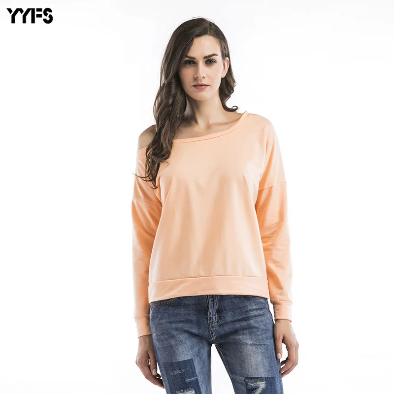 Solid off-the-shoulder top, loose solid color, basic long-sleeved T-shirt
