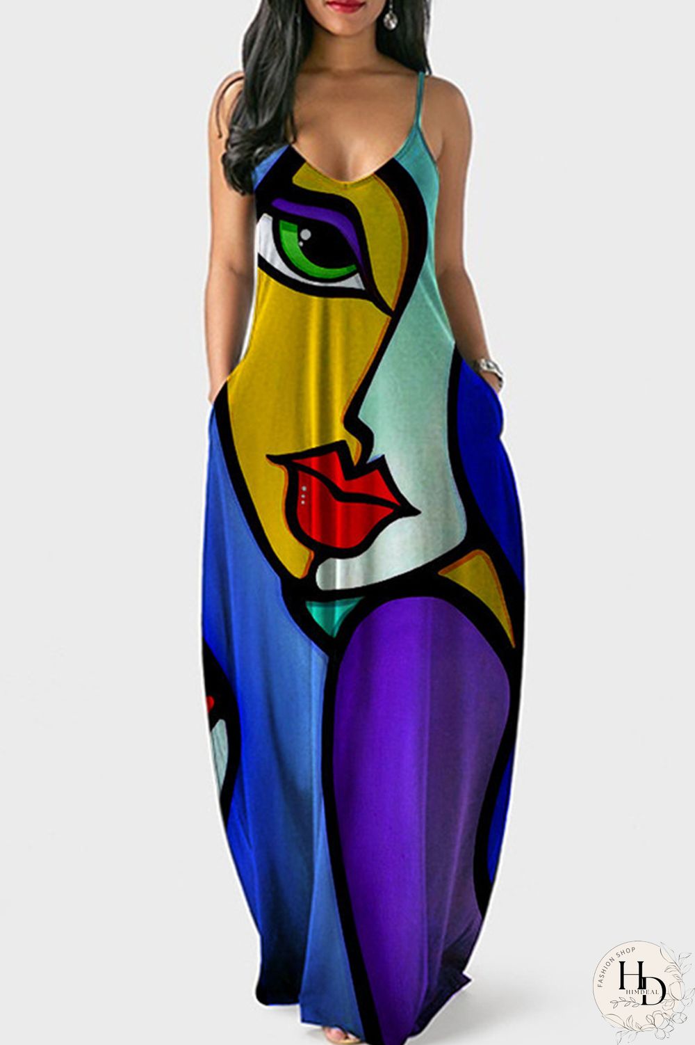 Black Purple Sexy Casual Print Backless Spaghetti Strap Long Dress