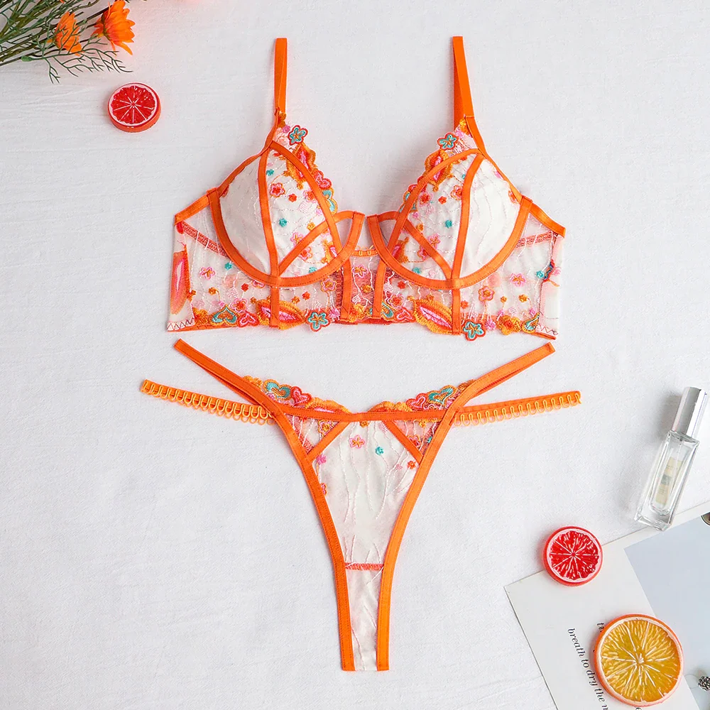 Billionm Fancy Lingerie Neon Orange Patchwork Push Up Underwear Floral Embroidery Set Woman 2 Pieces Seamless Erotic Intimate