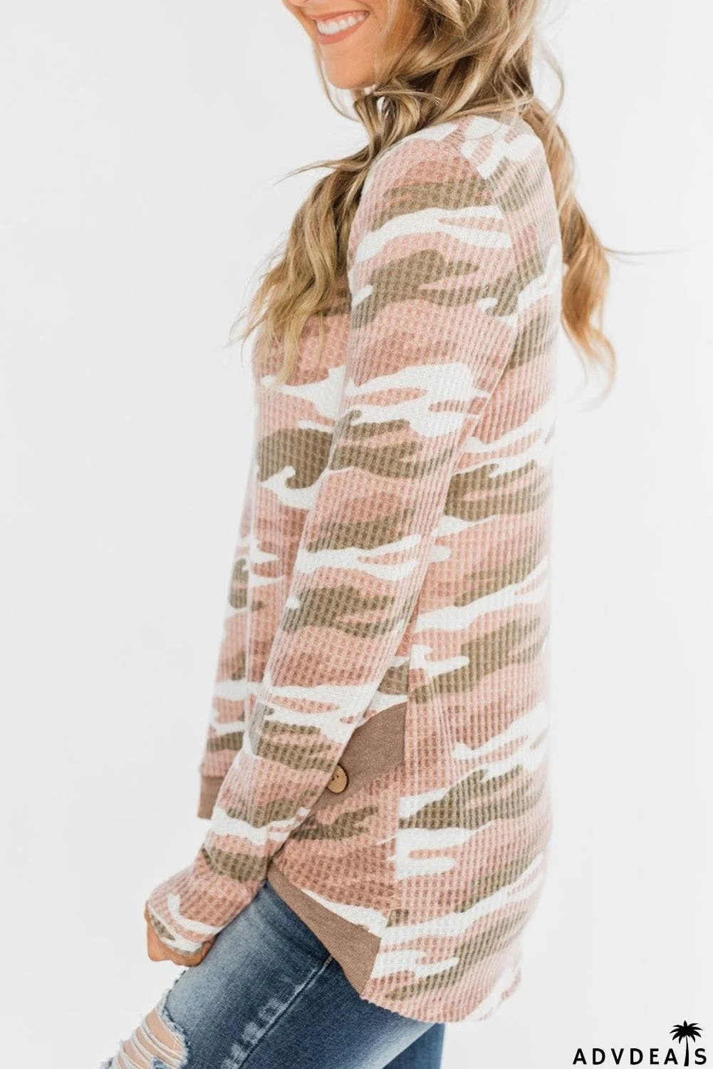 Camo Print Button Waffle Knit Long Sleeve Top