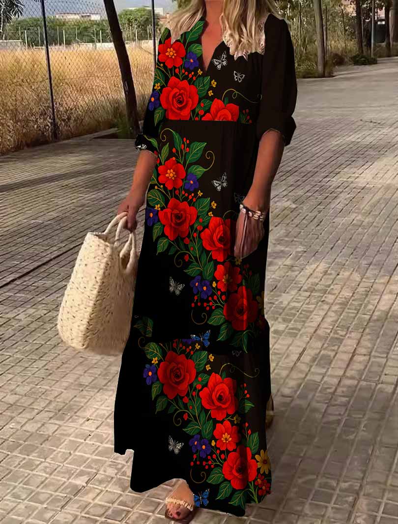 Women Floral,Black,Red DZDN0778 SPU Printed Long Sleeve V-neck Maxi Dress
