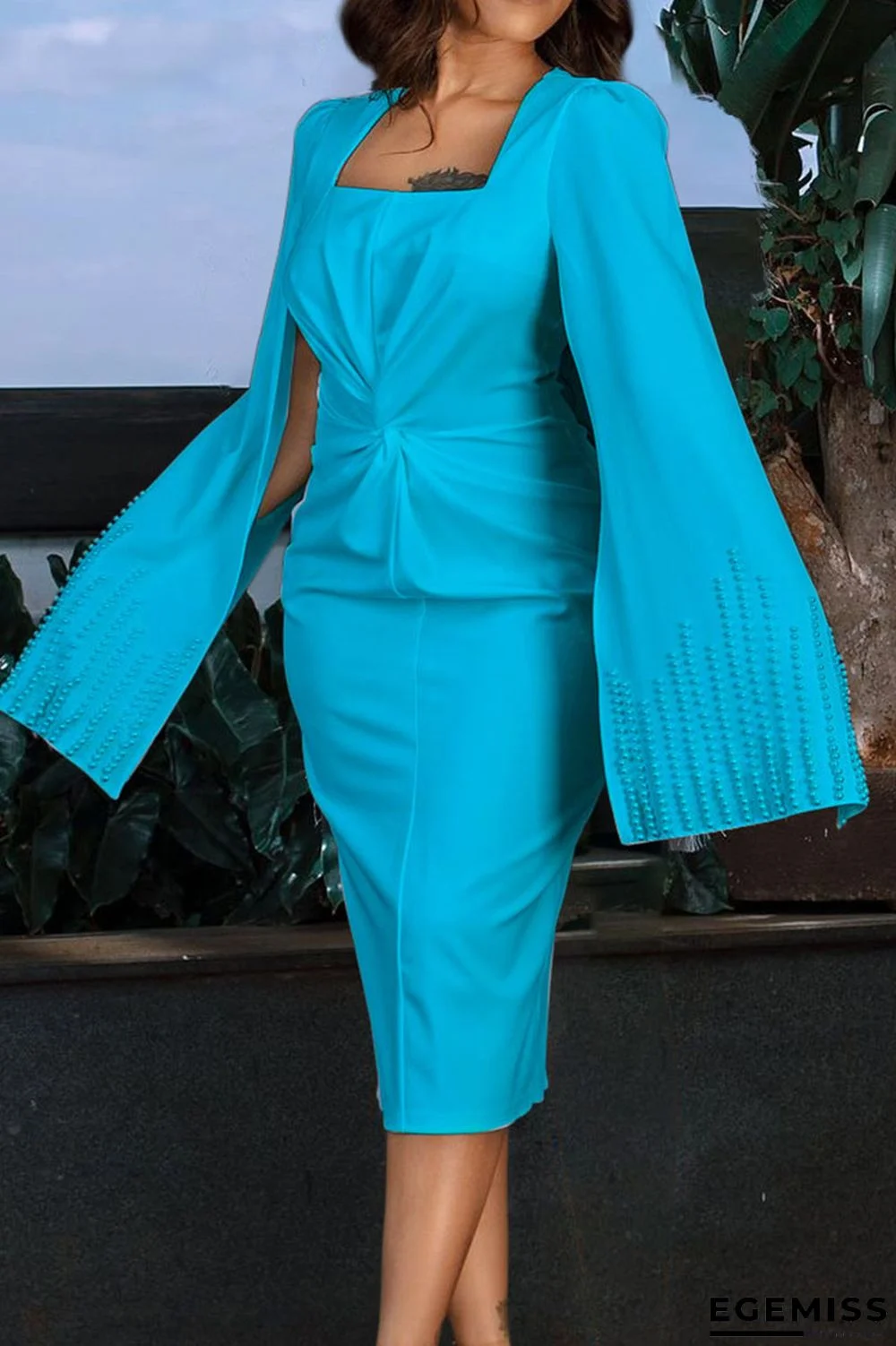 Sky Blue Elegant Solid Patchwork Beading O Neck Evening Dress Dresses | EGEMISS