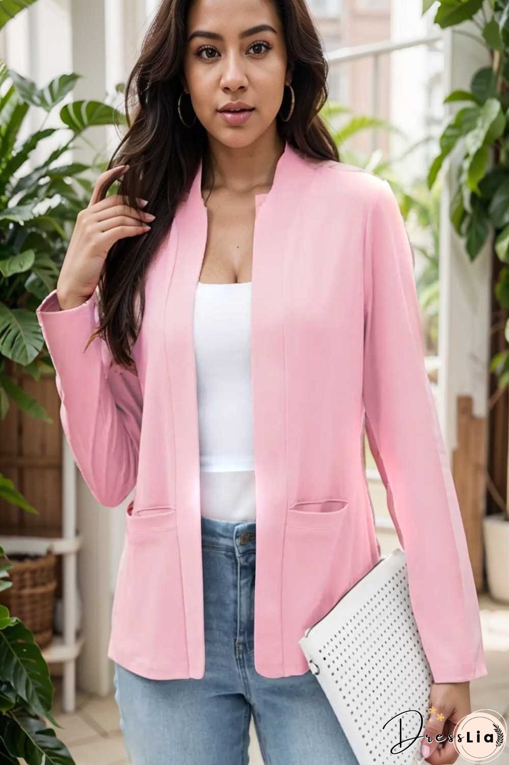 solid long sleeves pockets open front versatile blazer