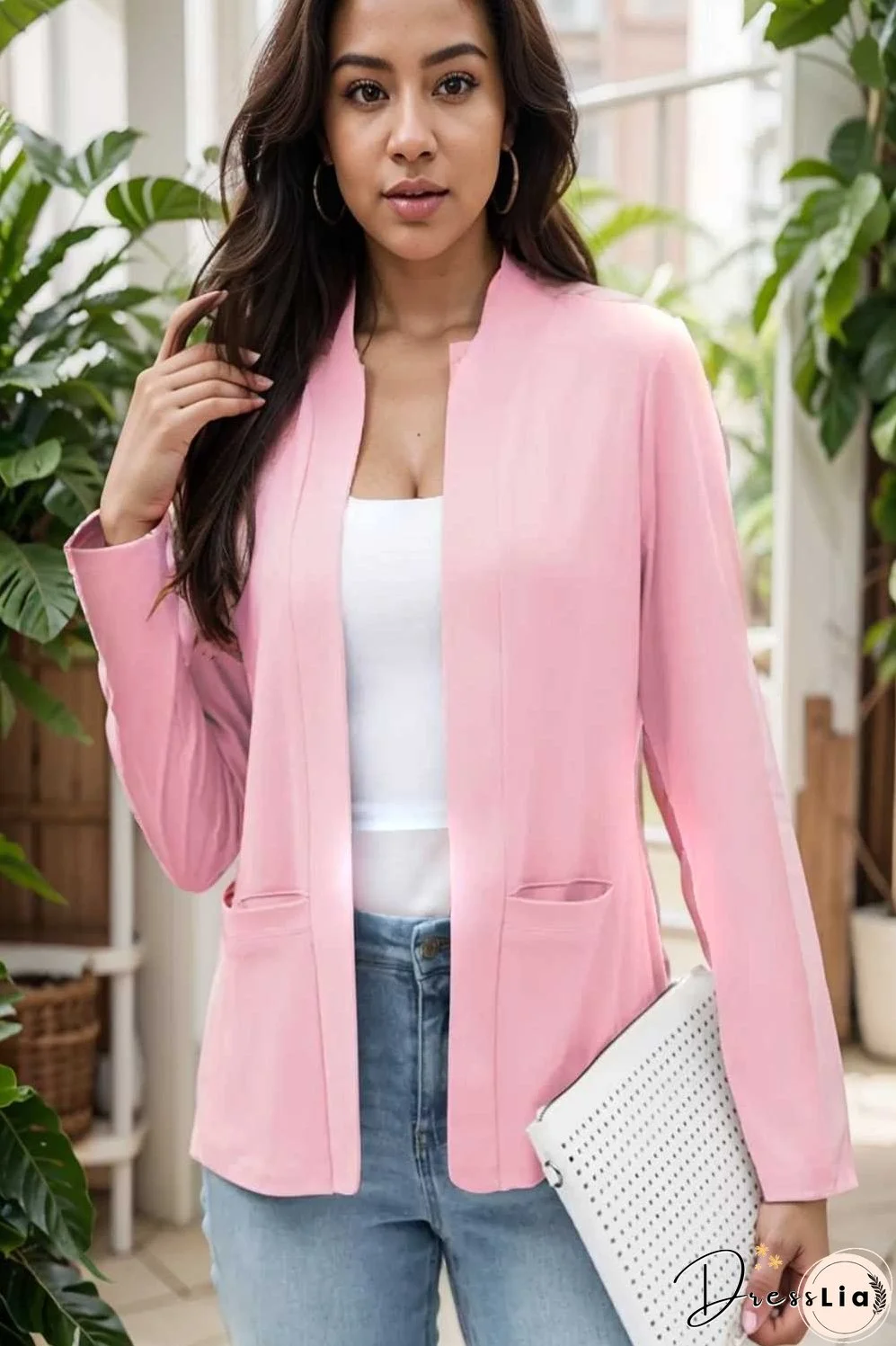 solid long sleeves pockets open front versatile blazer