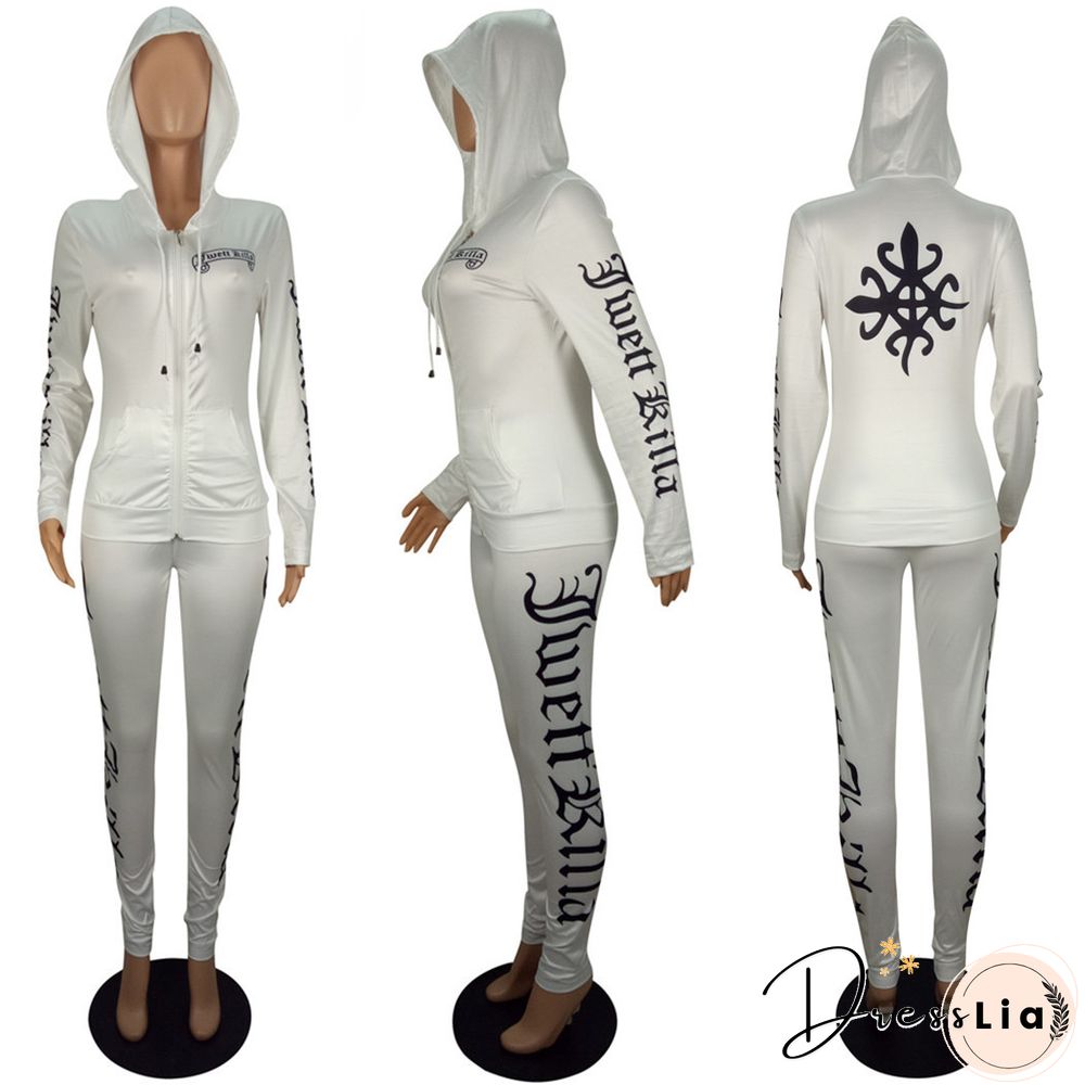 Long Sleeve Hooded Sportwear Zipper Coat Pants Two Pieces Set