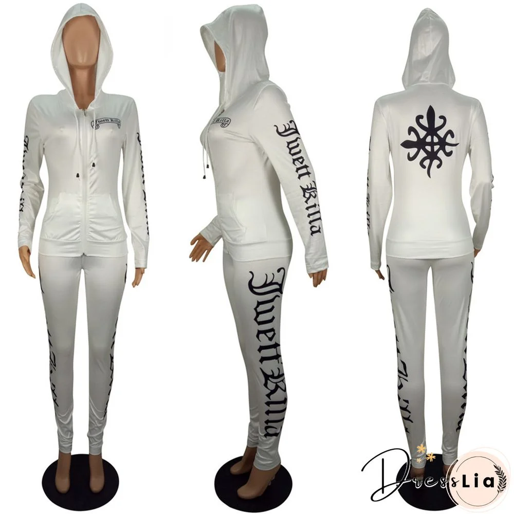 Long Sleeve Hooded Sportwear Zipper Coat Pants Two Pieces Set
