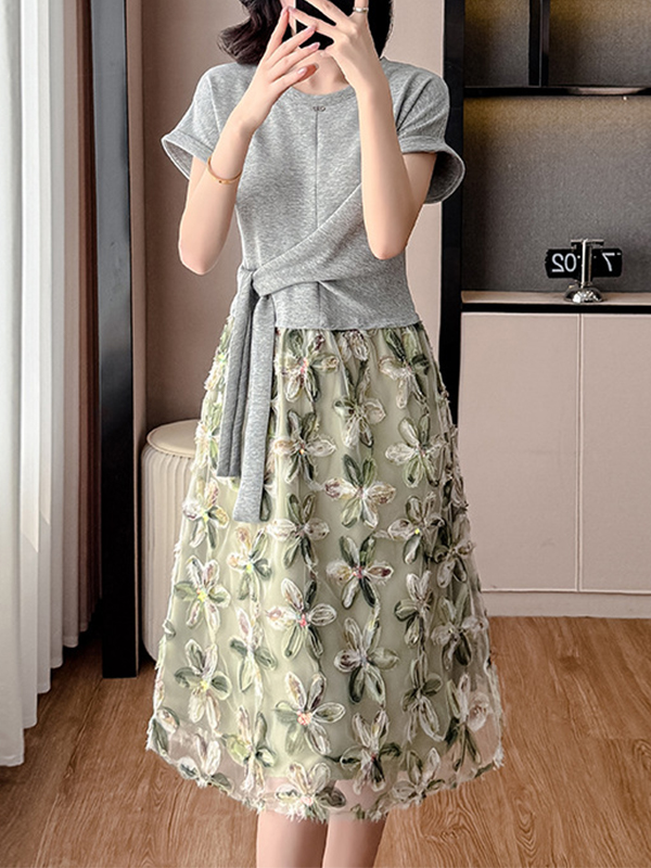 Short Sleeve Belt Detail Patchwork Sheer Mesh Floral Embroidery Midi Dress