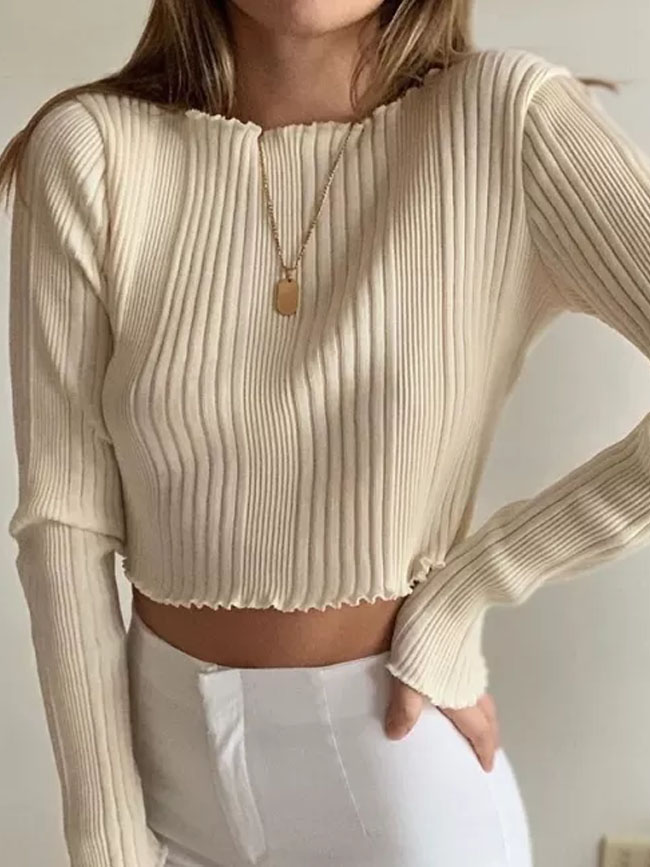 Women Soft Solid Color Knitted Basic T-shirt Long Sleeve Ruffled Round Neck Casual Top