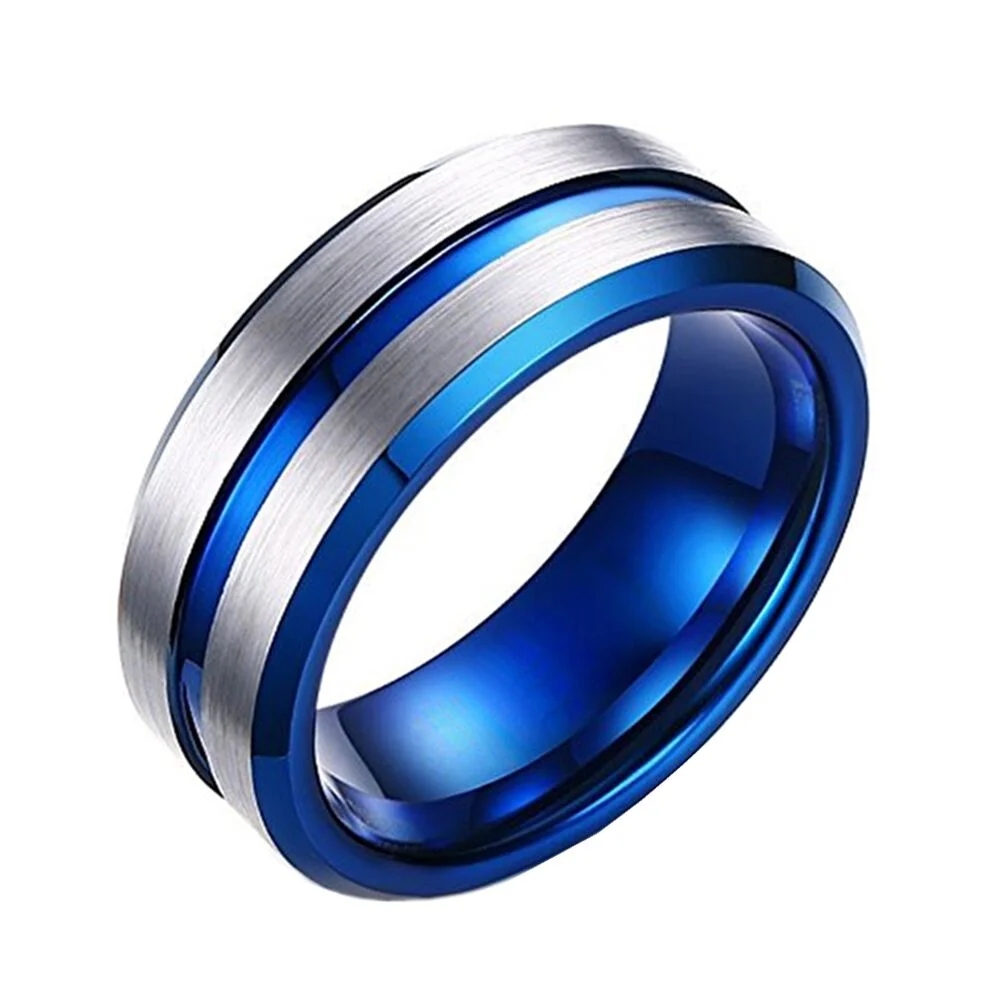 6MM 8MM Blue Mens Silver Brushed Grooved Tungsten Wedding Bands