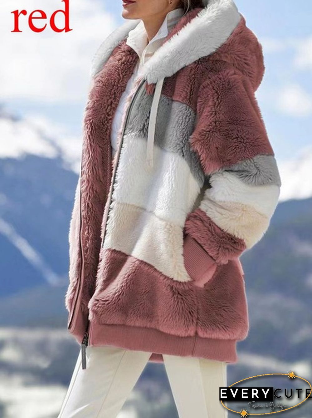 New Winter Womens Fashion Jacket Hooded Warm Plush Loose for Women Patchwork Outerwear