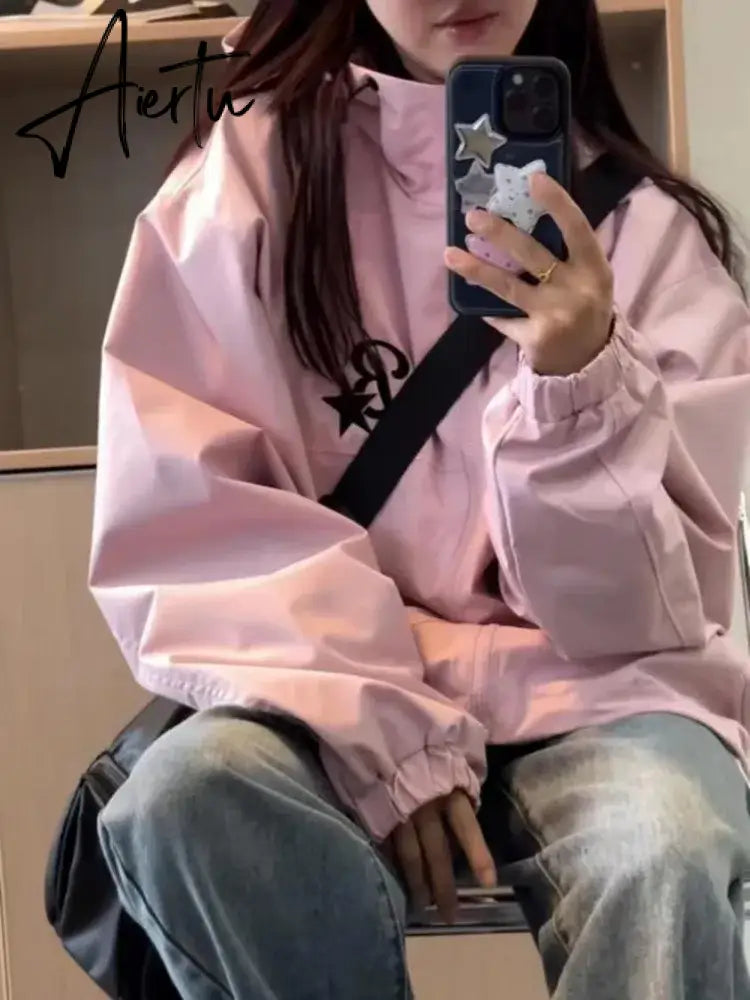 Aiertu Korean Style Gorpcore Pink Track Jackets Women Hippie Y2K Oversize Zipper Windbreaker Jacket Harajuku Streetwear Outwear Aiertu