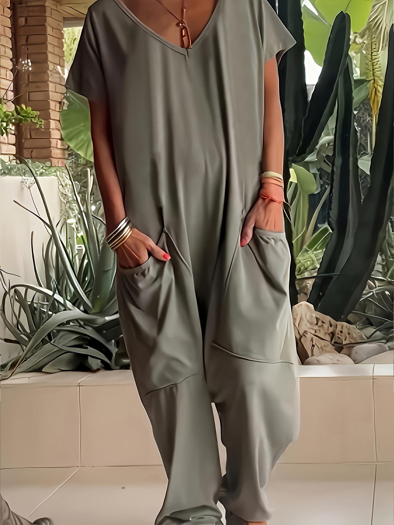 Retro Off-Shoulder Women's Jumpsuit | Loose Fit V-Neck Short Sleeve With Side Pockets | Semi-Sheer Solid Color Stretchy Machine-Washable Spring/Summer Casual Outfit | IFYHOME