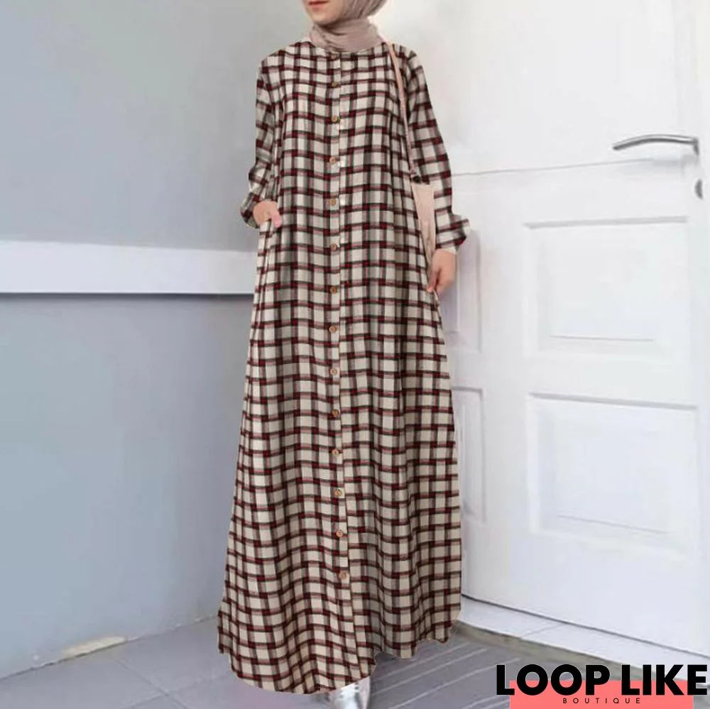 Ethnic Long Sleeve Loose Cardigan Temperament Plaid Cotton and Hemp Long Dress Linen Dresses