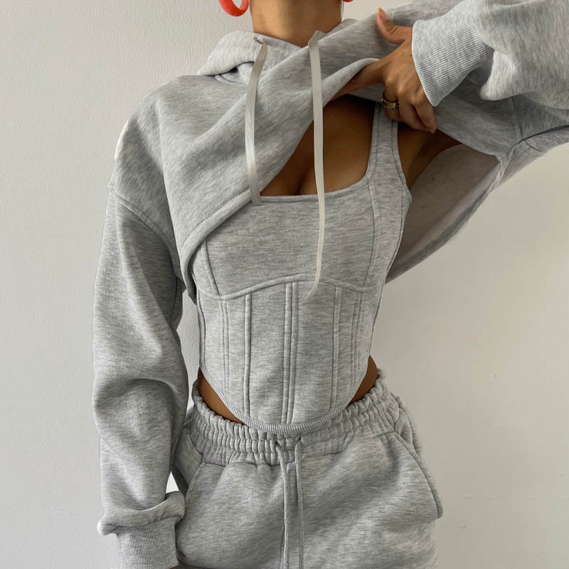 Drawstring Hooded Short Sweatshirt Drawstring Pants 3-Piece Set