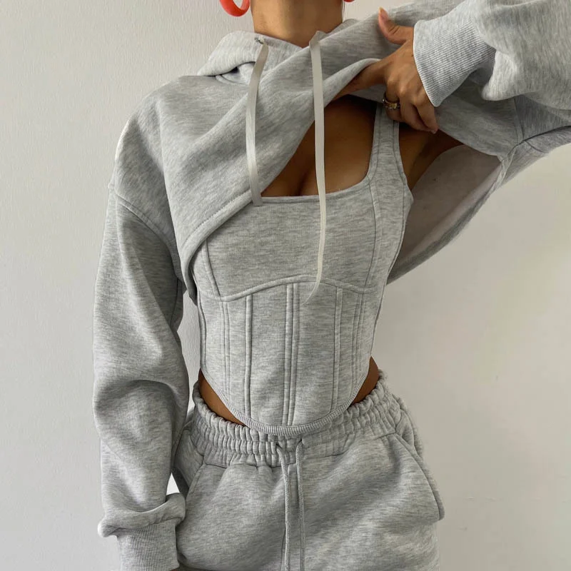 Drawstring Hooded Short Sweatshirt Drawstring Pants 3-Piece Set