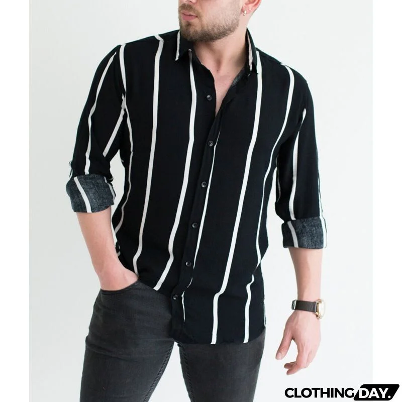 Men Casual Long Sleeve Lapel Single-breasted Stripe Printed Shirt