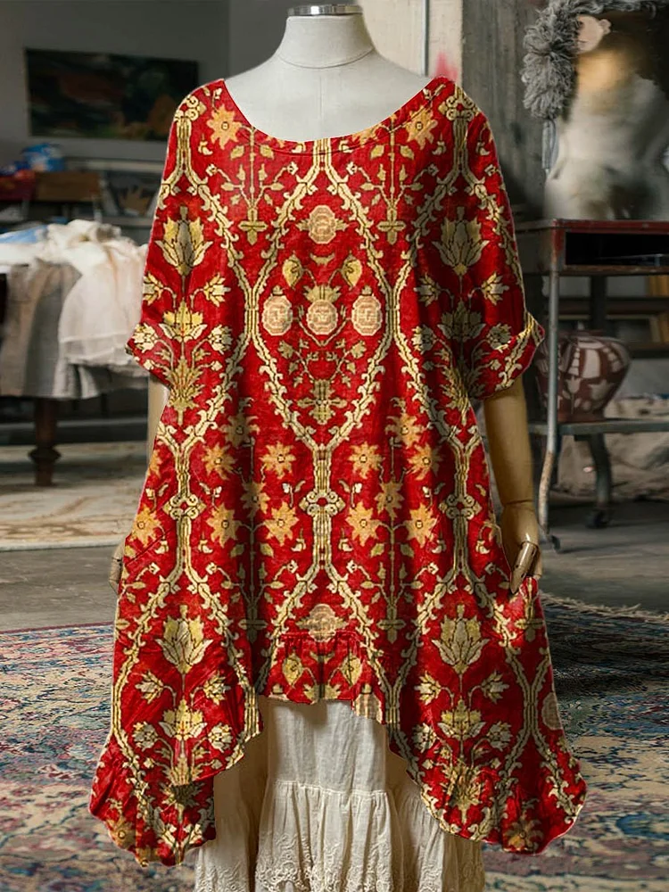 Women's Vintage Lovely Floral Art Print Pocket Cotton Dress