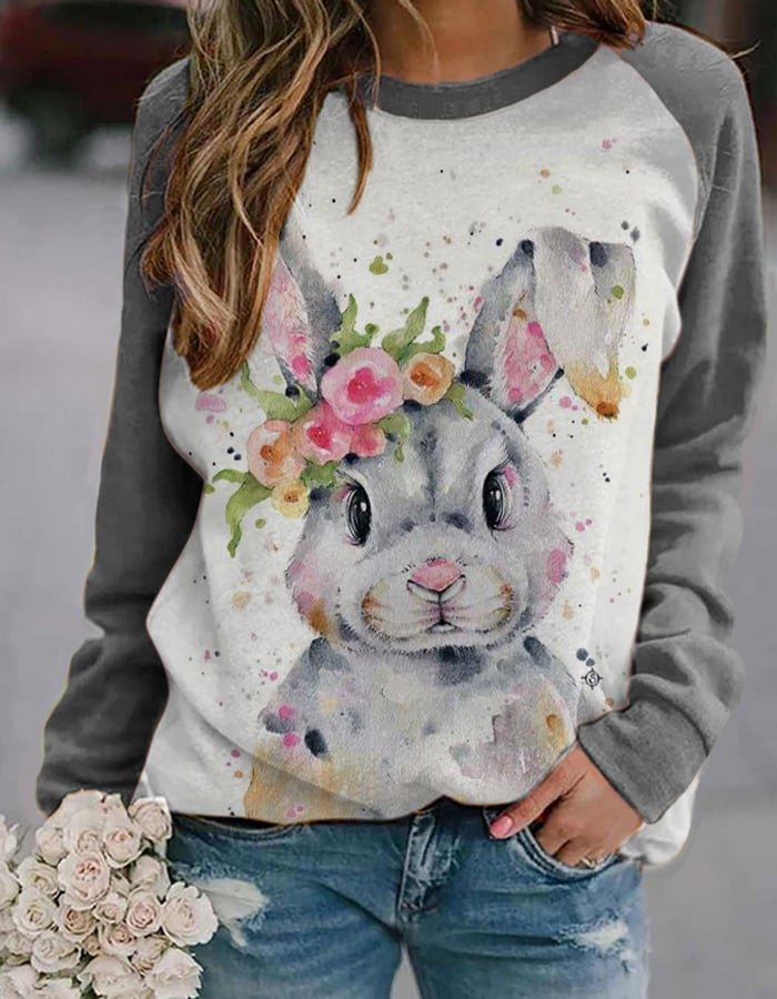 Women's Casual Bunny Print Round Neck Long Sleeve Sweatshirt