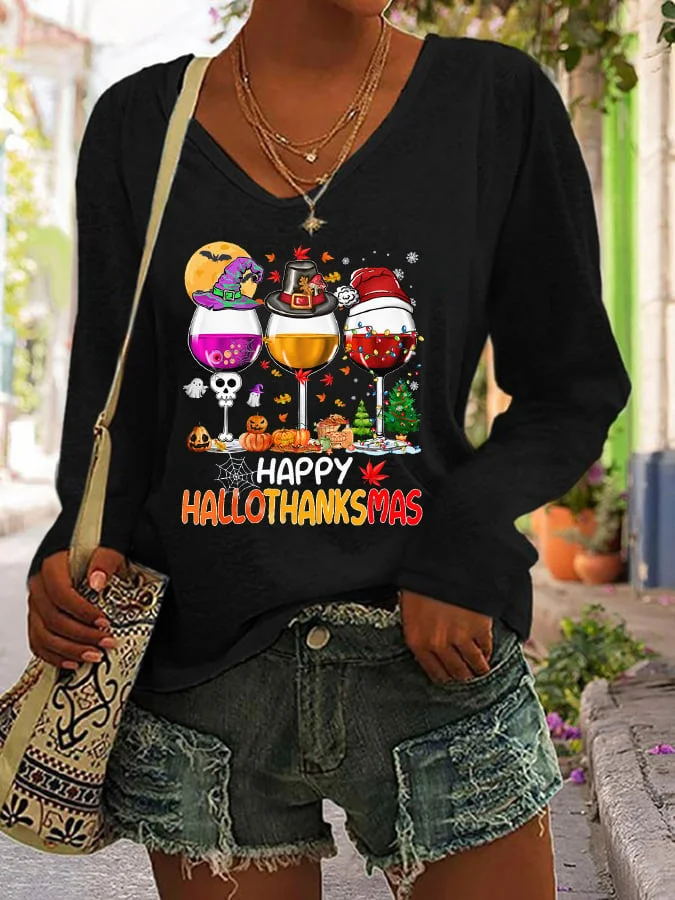 Women Happy Hallothanksmas Wine Print Long Sleeve V-Neck T-Shirt socialshop