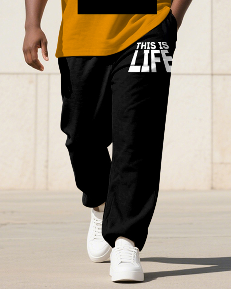 Men's Plus Size Black Orange Fun Attitude Letter Print T-Shirt Trousers Suit
