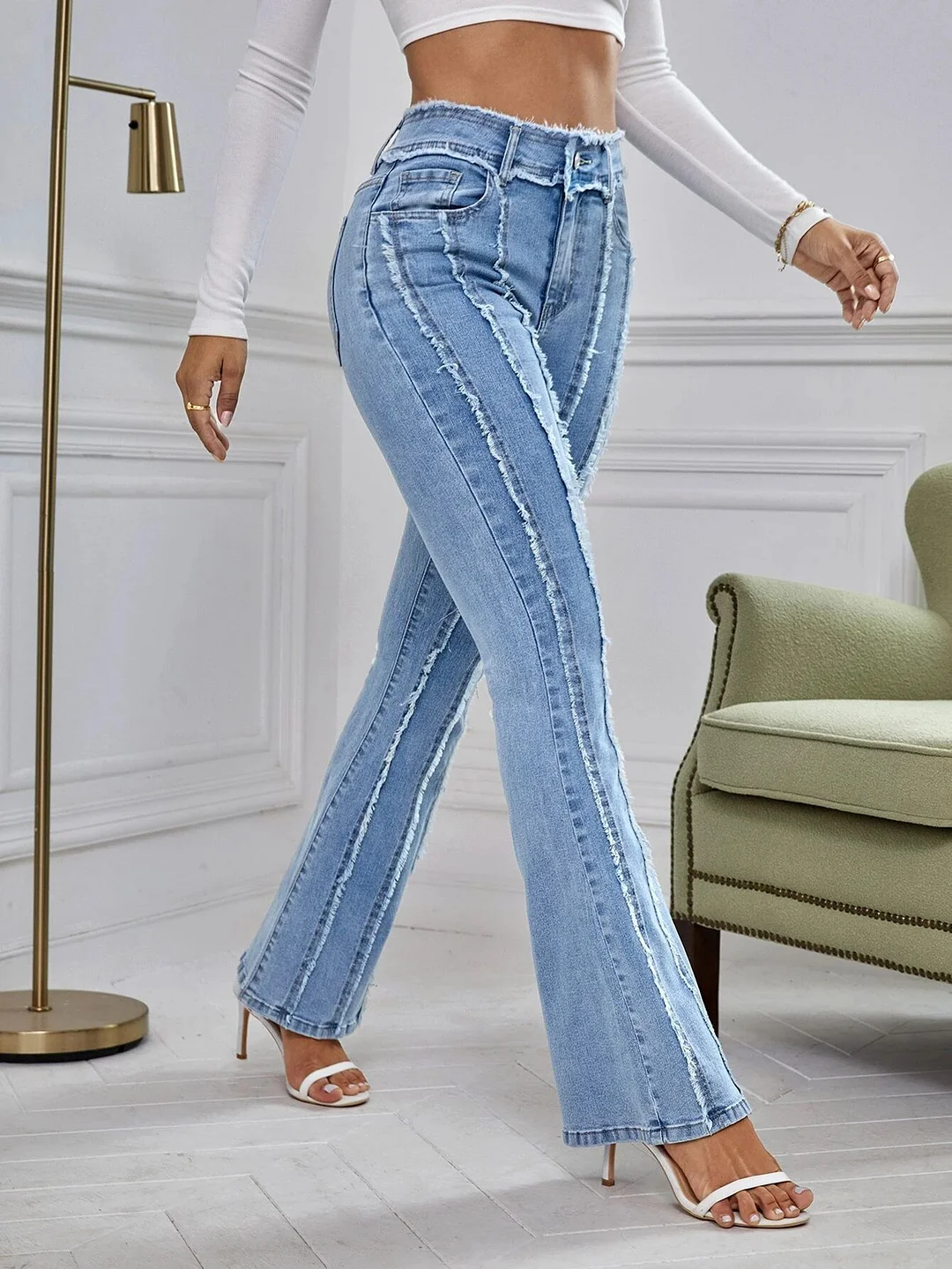 Women's Micro-Flared Burr Jeans High Waist Casual Denim Pants