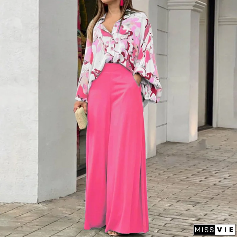 Plus Size Women Print Casual Loose Turndown Collar Shirt + High Waist Wide Leg Pants Two Piece Set