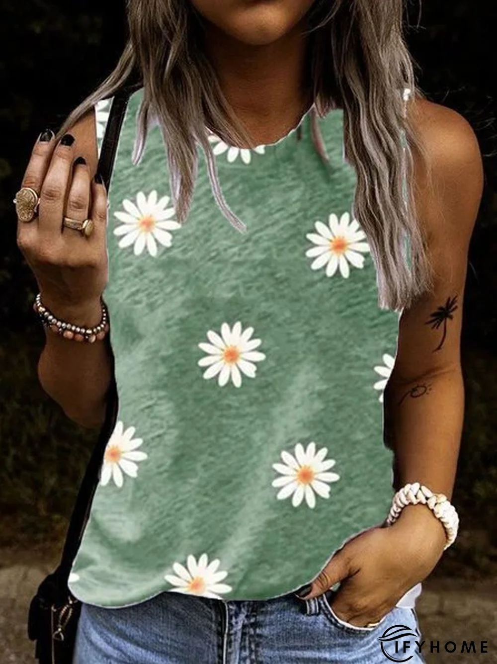 Crew Neck Sleeveless Floral-Print Casual Tops | IFYHOME