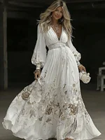 Women's Vintage Floral Pattern V Neck Casual Maxi Dress